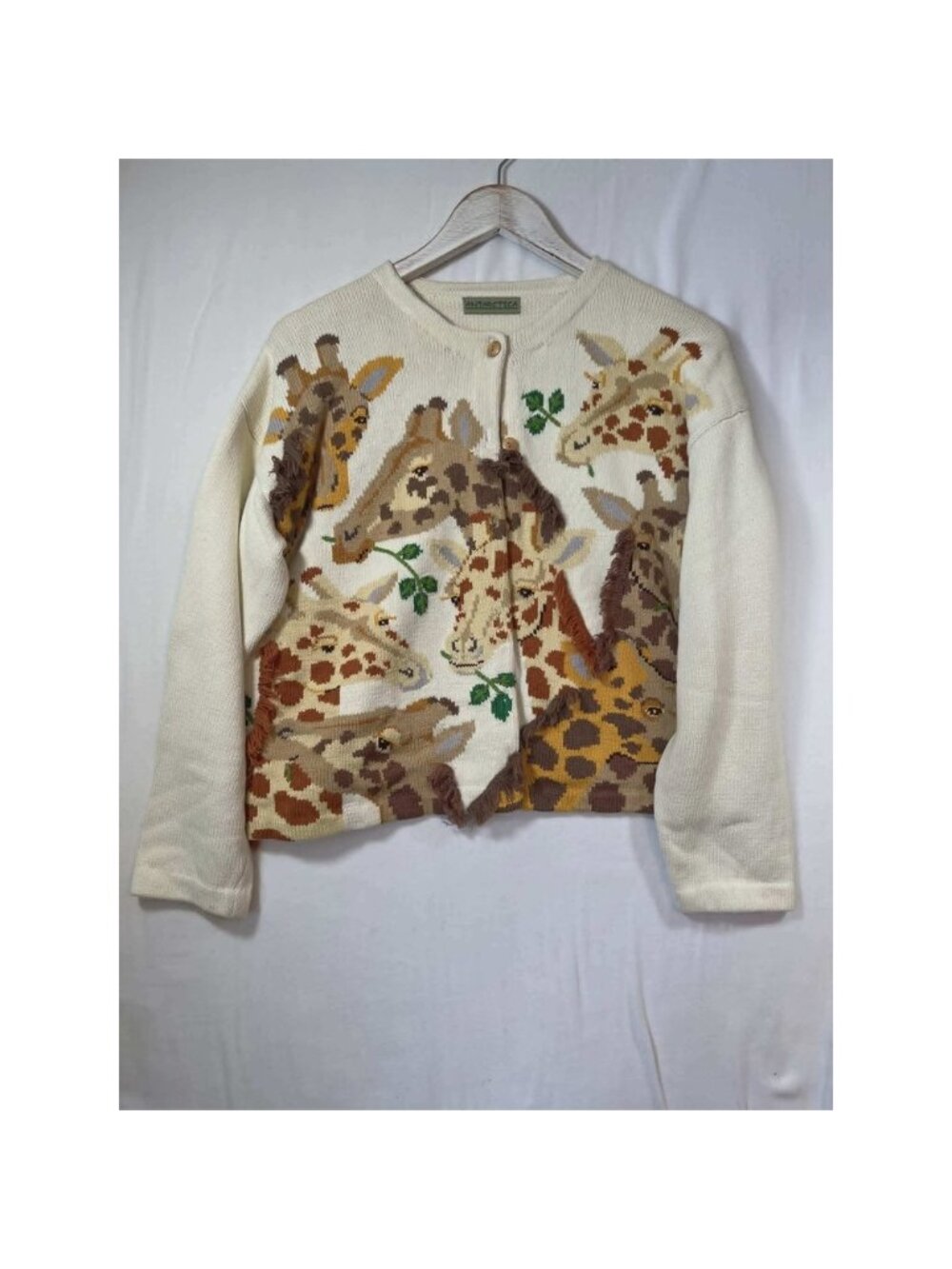 Vintage 90s Antarctica Giraffe Knit Cardigan Cream 3D Fringe Animal Sweater